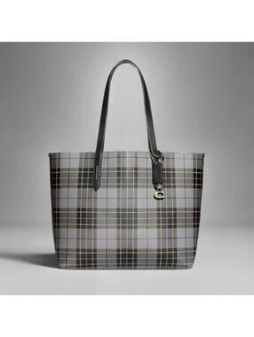 Coach Women’s City Tote Signature Canvas Leather Grey Plaid Checker Tartan NWT